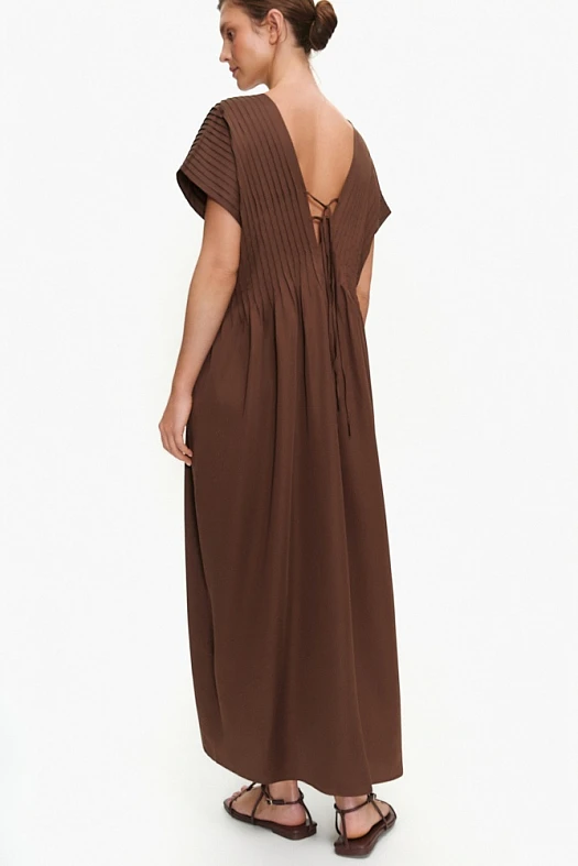 Платье макси свободного кроя с V-образным вырезом (100% тенсел Коричневый; Размер: M-L)