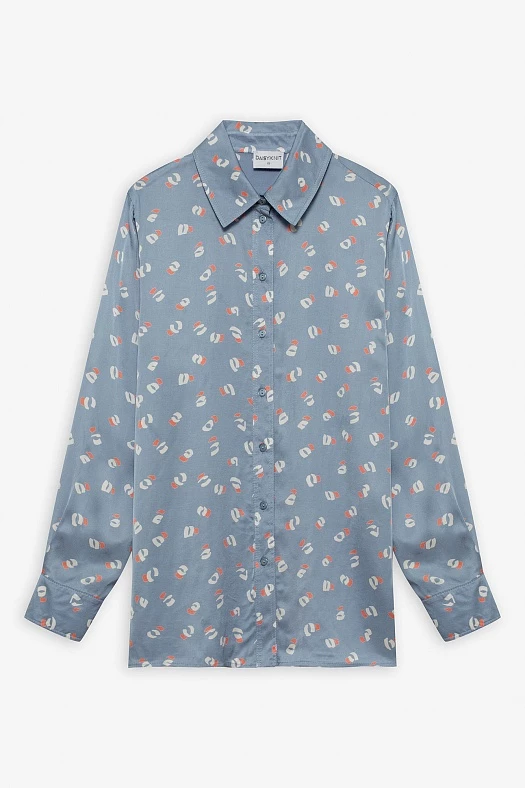 Рубашка прямая с отстрочками (Вискоза струящаяся принт абстракция арт.1626 Голубой/белый/оранжевый 100% вискоза; Размер: L)