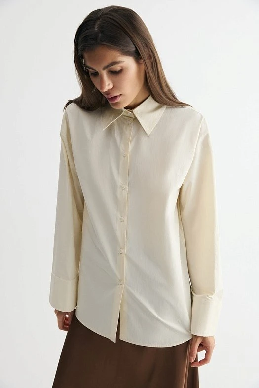 Рубашка из жатого хлопка с широким рукавом (Хлопок средней плотности арт.1921 Молочный 100% хлопок; Размер: XS-S)