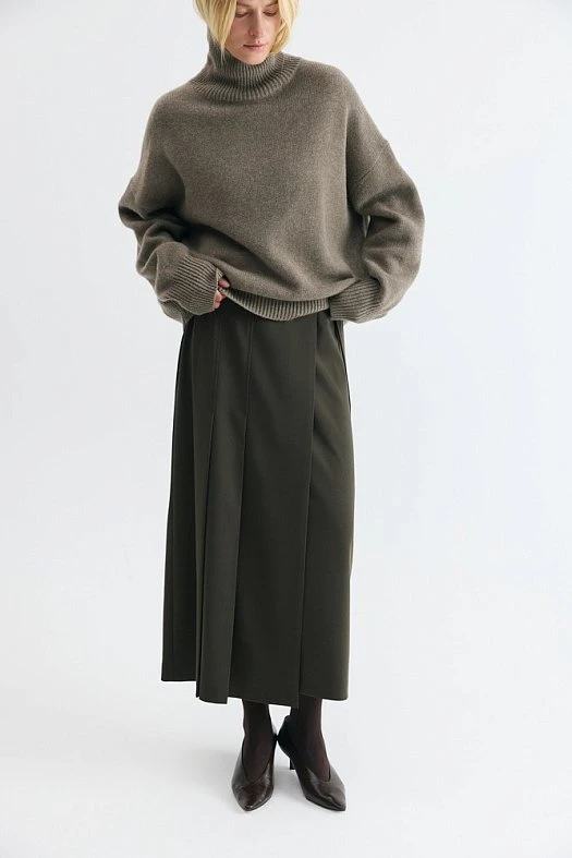 Юбка макси на запахе со складками (Вискоза стрейч арт.1951 Хаки 67% вискоза, 28% п/э, 5% эластан; Размер: XS)