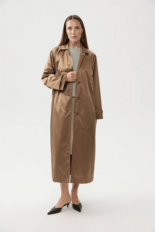 Тренч однобортный с сатиновым финишем (Плащевая ткань арт.1849 Коричневый 100% п/э; Размер: XS)