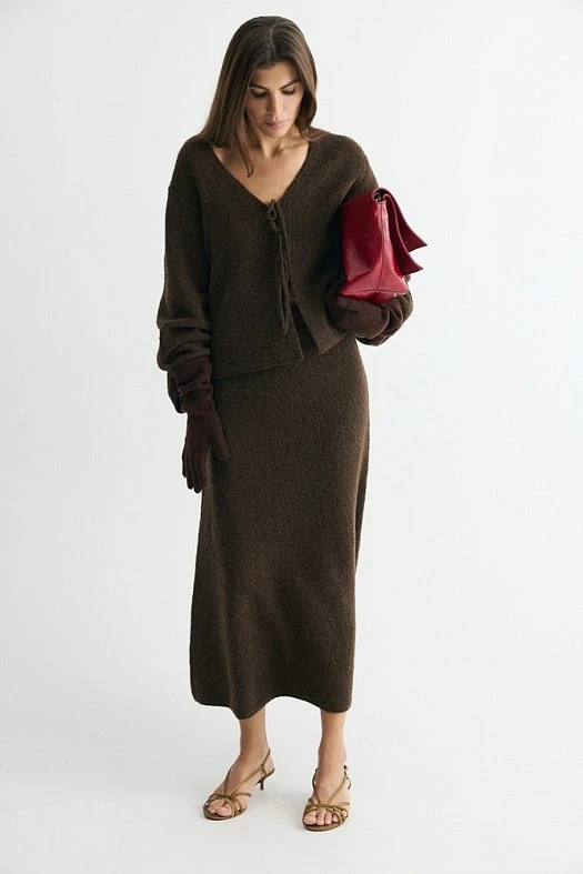 Юбка миди из фактурной пряжи с шерстью (82% шерсть, 16% нейлон, 2% эластан Коричневый; Размер: M)