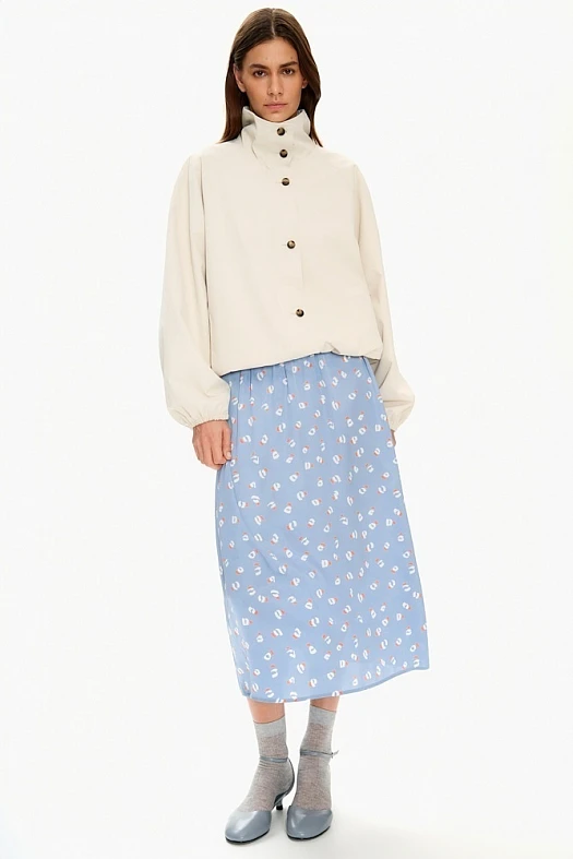 Юбка миди в бельевом стиле с принтом (Вискоза струящаяся принт абстракция арт.1626 Голубой/белый/оранжевый 100% вискоза; Размер: L)