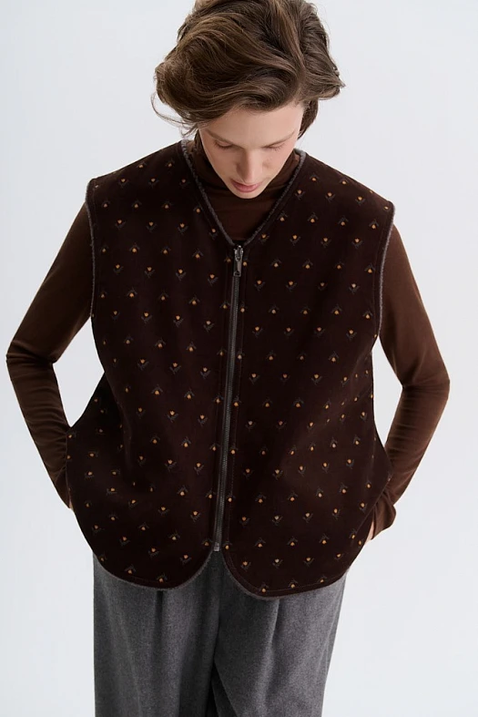 Жилетка двухсторонняя из шерсти (Вельвет принт цветы арт.1983 Шоколадный 100% хлопок; Размер: L)