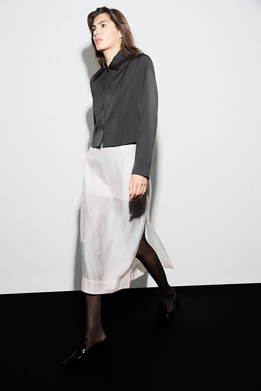 Юбка миди прозрачная с вышивкой бисером (Вискоза прозрачная вышивка цветы арт.1979 Пудровый 62% вискоза, 38% п/э; Размер: L)