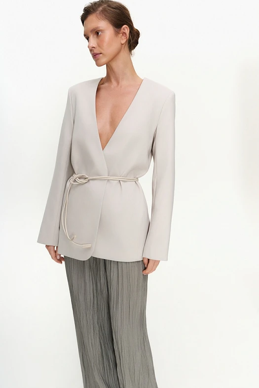 Жакет прямого силуэта без лацканов со льном (Лен с тенселом арт.1856 Жемчужный 30% лен, 24% тенсел, 42% п/э, 4% эластан; Размер: L)