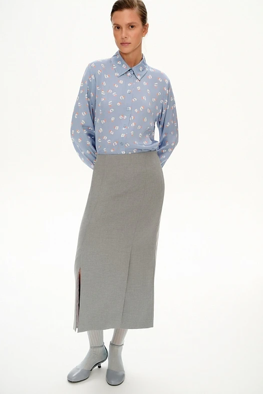 Рубашка прямая с отстрочками (Вискоза струящаяся принт абстракция арт.1626 Голубой/белый/оранжевый 100% вискоза; Размер: L)