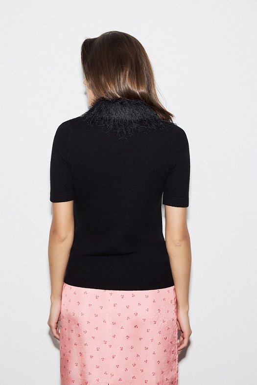 Джемпер поло с акцентным воротником (32% шерсть, 50% п/а, 18% акрил Черный; Размер: L)