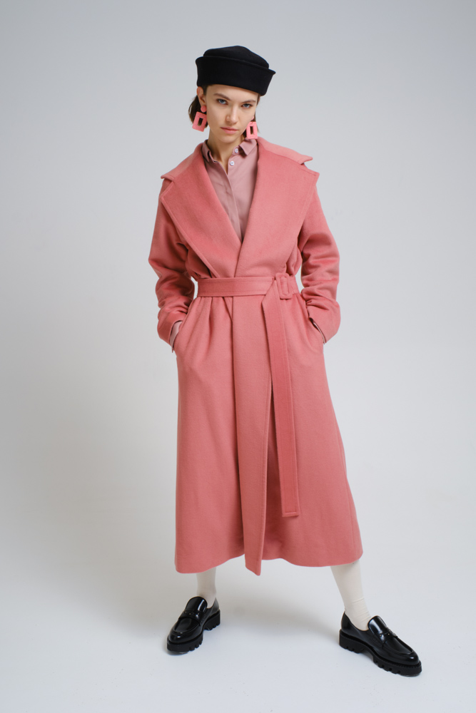 

Пальто на запахе с поясом, Розово-персиковый