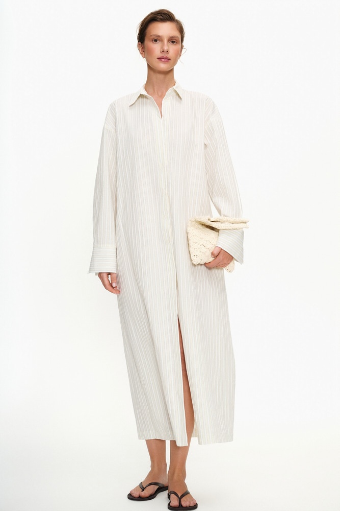 Платье-рубашка макси с тонким поясом из хлопка