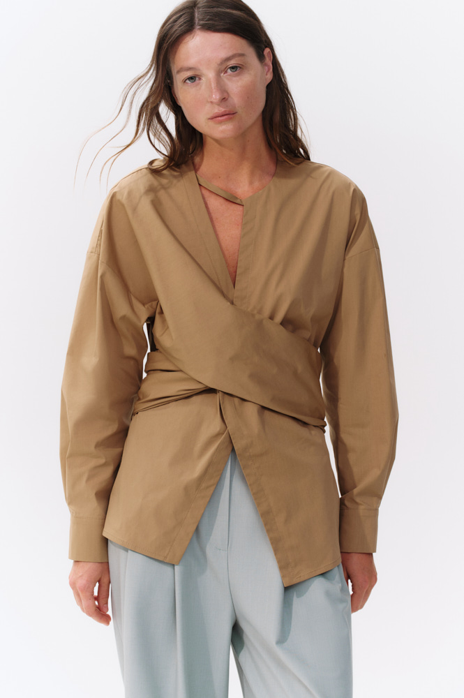 

Блуза с асимметричной деталью из хлопка, Светло-коричневый
