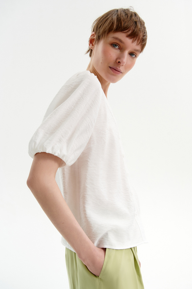 

Блуза с V-образным вырезом и объемным рукавом, Белый