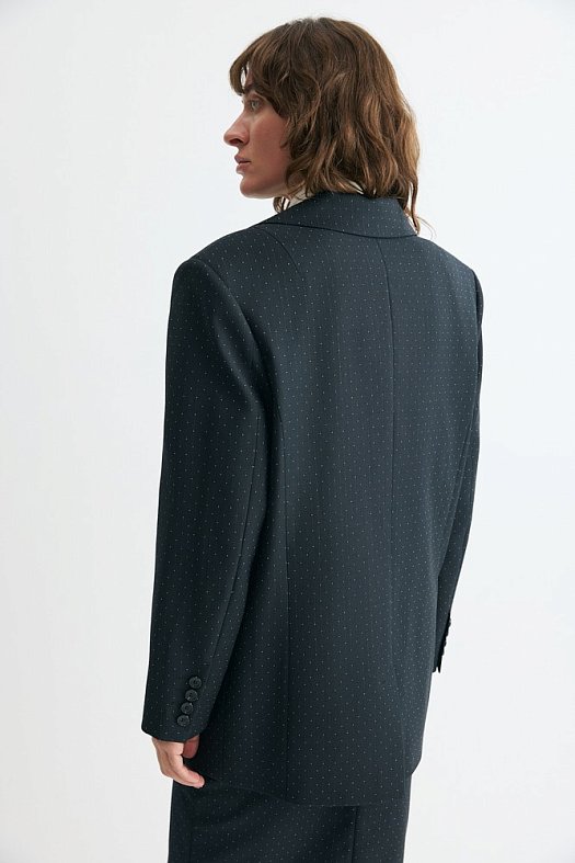 Жакет однобортный свободного кроя (Шерсть принт полоска (ателье) арт.1394 Черный 74% шерсть, 24% п/э, 2% эластан; Размер: M)