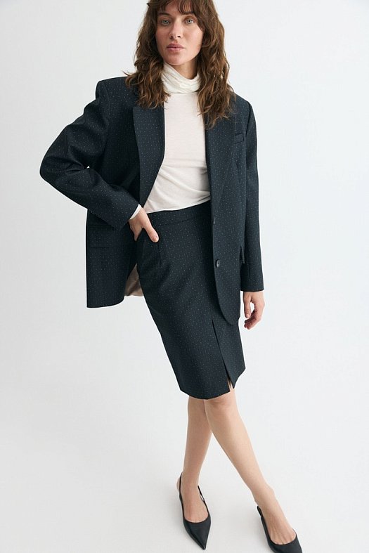 Юбка-карандаш с разрезом (Шерсть принт полоска (ателье) арт.1394 Черный 74% шерсть, 24% п/э, 2% эластан; Размер: M)