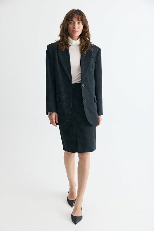 Жакет однобортный свободного кроя (Шерсть принт полоска (ателье) арт.1394 Черный 74% шерсть, 24% п/э, 2% эластан; Размер: M)