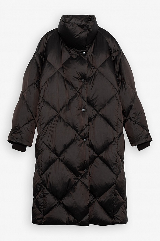 Пуховик миди стеганый с воротником-стойкой (100% п/э Шоколадный, наполнитель - 90% пух, 10% перо белой утки, подклад - 100% п/э; Размер: M-L)