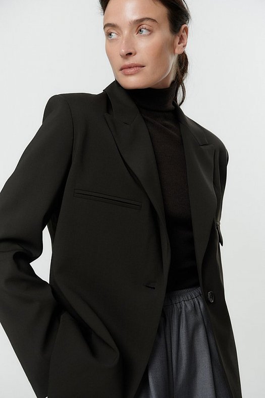 Жакет однобортный из премиальной итальянской шерсти (Шерсть (premium) арт.1764 Шоколадный 98% шерсть, 2% эластан; Размер: L)